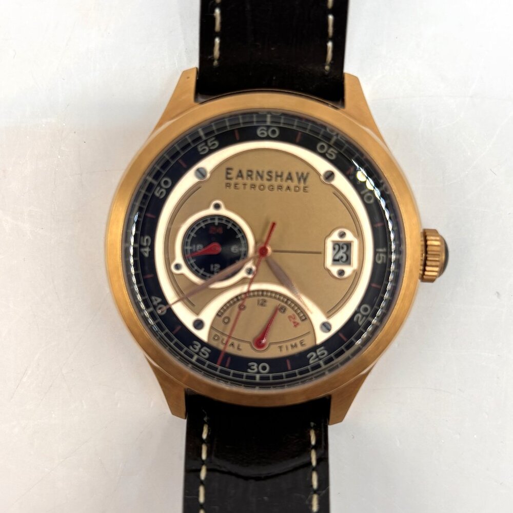 Earnshaw Men's Genuine Retrograde Viscount Watch ES-8269  Leather Band Stainless